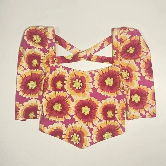 NWT Free People XS Give Me More Square Neck Floral Puff Sleeve Crop Top Pink - Picture 2 of 7
